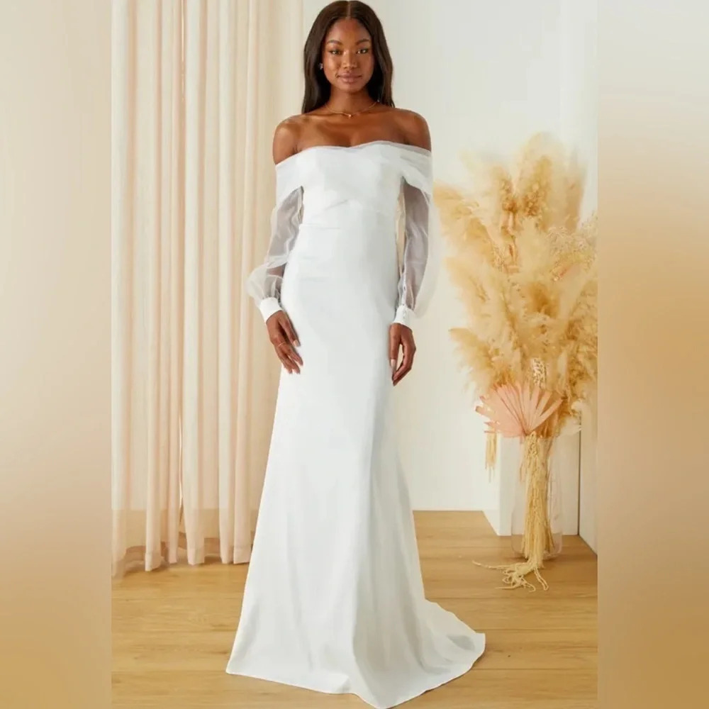 Blissfully Loved White Satin Organza Off-the-Shoulder Maxi Dress Size Lg #0513 - Picture 5 of 5